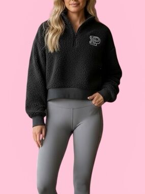PINK Victoria's Secret Black Sherpa quarter Zip slightly cropped Pullover